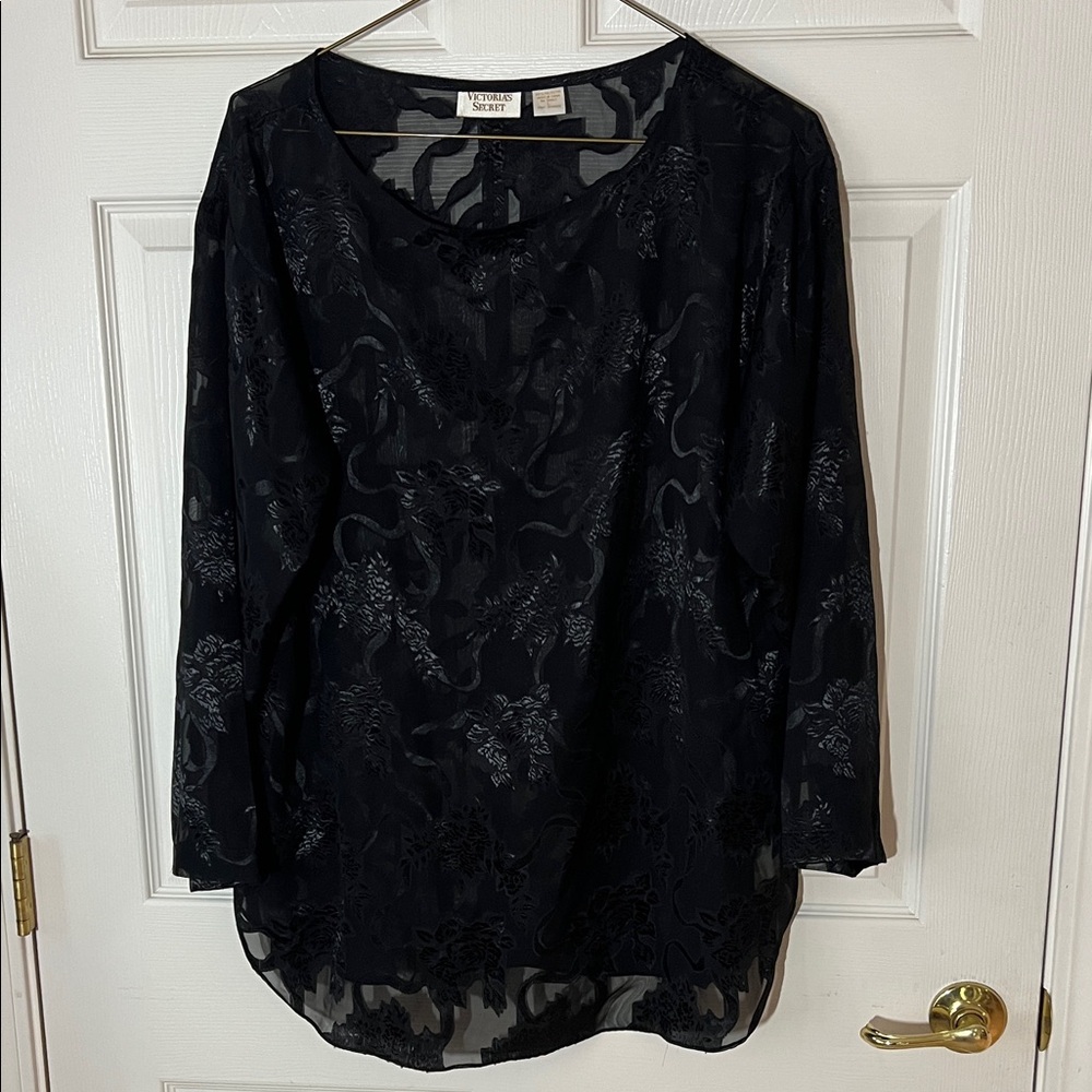 Vintage Victoria’s Secret Black Sheer Floral Women's Blouse, Sz Large